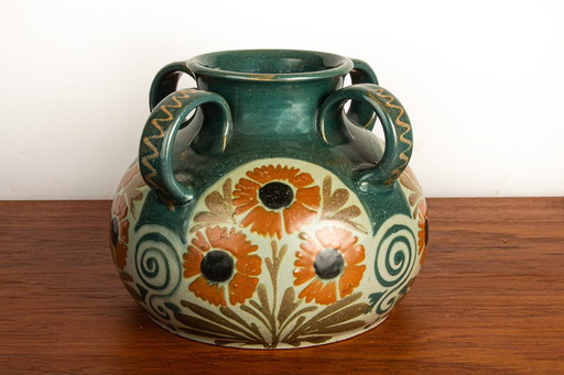 French vase, 4 handles, glazed stoneware, Art-Nouveau style by Léon Echlinger, Soufflenheim 1910.