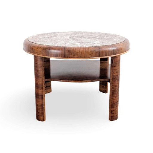 Runder Vintage Couchtisch Nussbaum Marmor 50er Jahre
