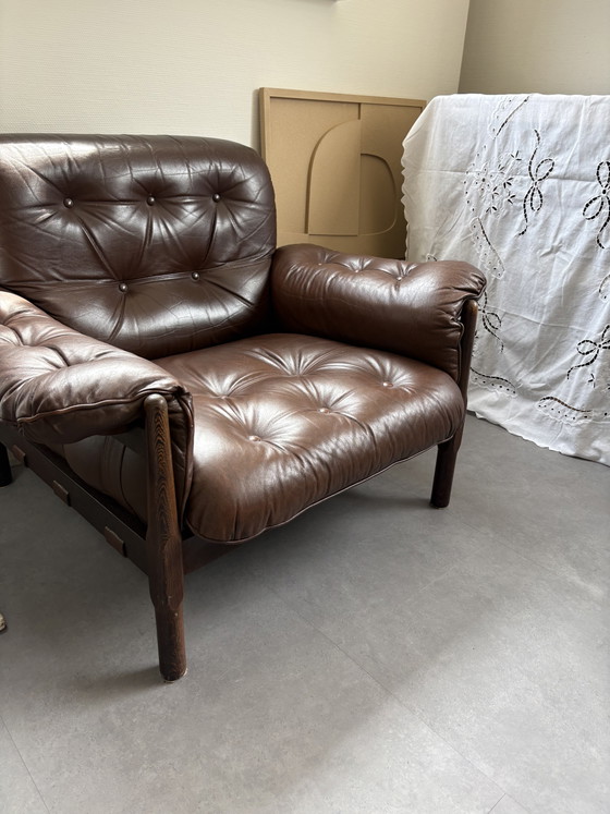 Image 1 of Vintage leather & rosewood mid-century Brazilian Brutalist style armchair