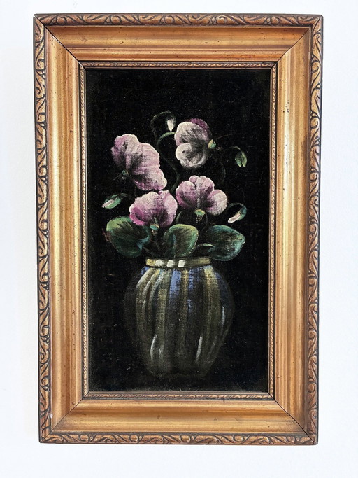 Ensemble vintage original de peinture à l'huile sur velours représentant des fleurs, paire de natures mortes florales.