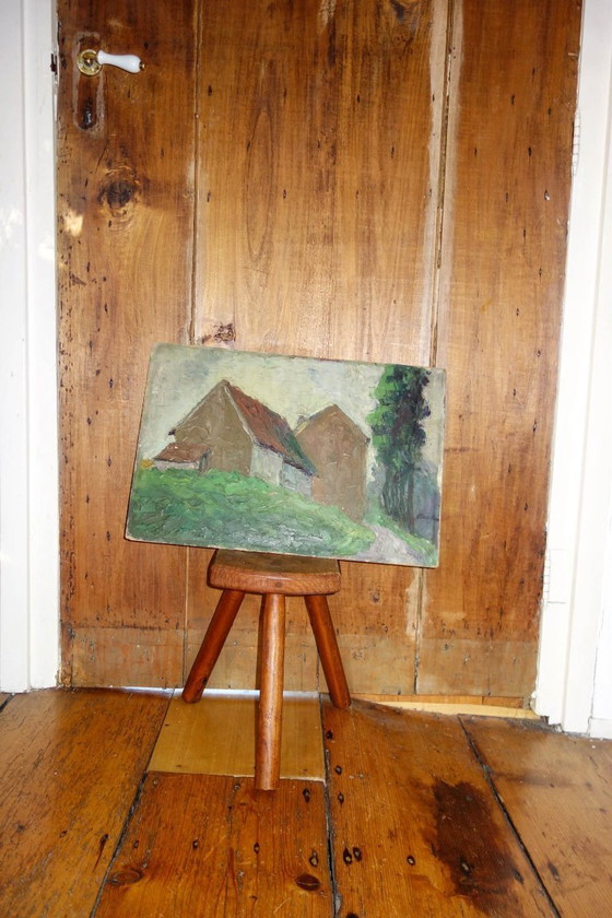 Image 1 of mid century oil painting on board * rustic house scene * french landscape art * textured brushwork