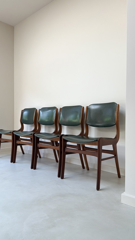 Image 1 of Four vintage wooden chairs with green faux leather