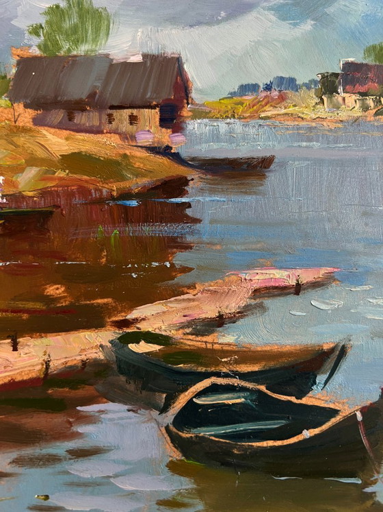 Image 1 of Original Oil Painting Coastal Village Landscape Quiet village harbour