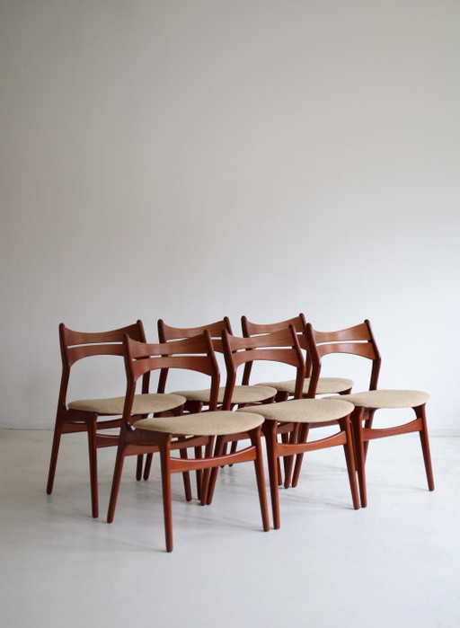 Set of 6 vintage dining chairs model 310, Erik Buch, 1960s – eetkamerstoelen, Wood, Textile