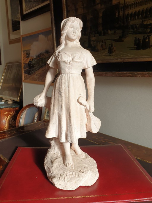 Terracotta sculpture of a mandolin player after 'Mignon' by Joseph Le Guluche, height 57.5 cm