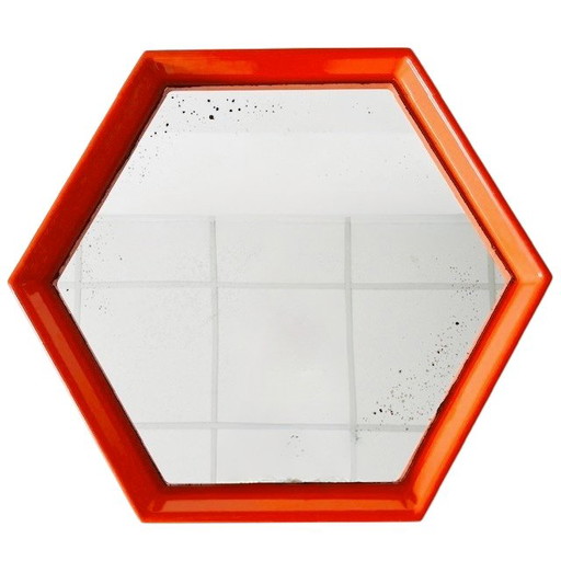 Mid-century space age mirror orange hexagon plastic 1970s