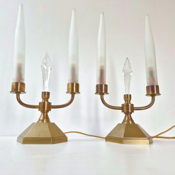Image 1 of Pair of vintage 1950s brass and glass candle lamps, Art Deco style.
