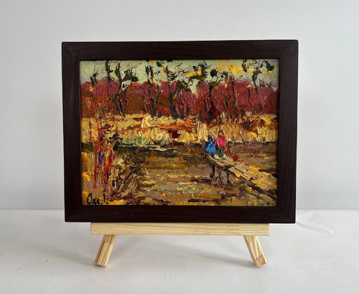 Original Oil Painting Autumn River Landscape On the autumn river