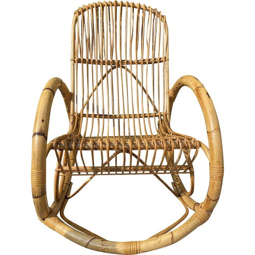 Sedia a dondolo vintage in bambù e rattan, anni '70