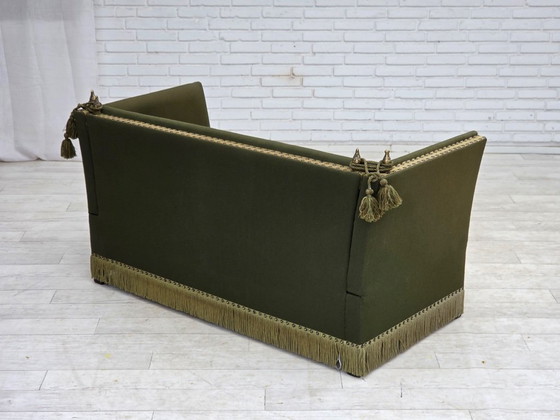 1970s, Danish 2-seater drop arm "Spanish" sofa, furniture wool. – 2 seaters, Wood (photo 8 of 20)