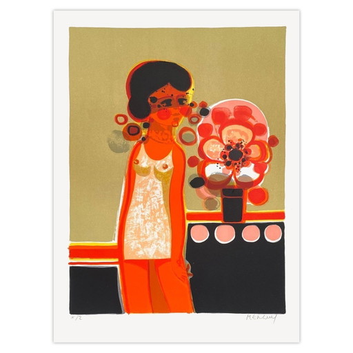 Frédéric Menguy Signed Lithograph 1975 - Les Angéliques - Pensive (with margins) – lithos zeefdrukken, Paper