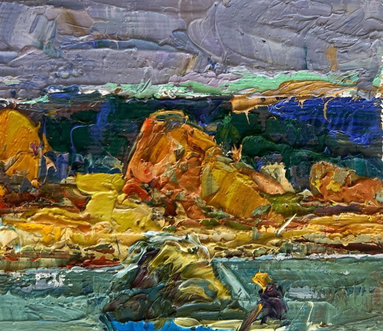 Image 1 of Original Oil Painting Autumn River Landscape Above the evening silence by the river