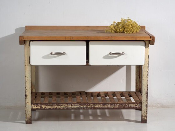 Table de Travail Industrielle – Europe Centrale (c.1950) – Bureaux, Iron, Industrieel (photo 6 of 40)