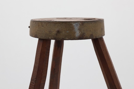 Image 1 of Brutalist French solid oak tripod stool with metal rim, 1850s