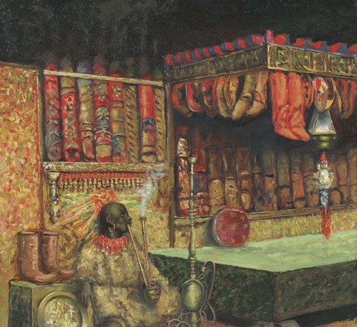 Orientalist Oil Painting – "El Mercader de Zapatillas" – After José Villegas Cordero – 60x50 cm