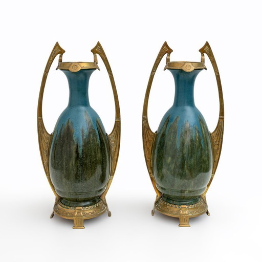 Paar Jugendstil bronzen en keramieken Jugendstil vazen Otto Eckman stijl, 1900