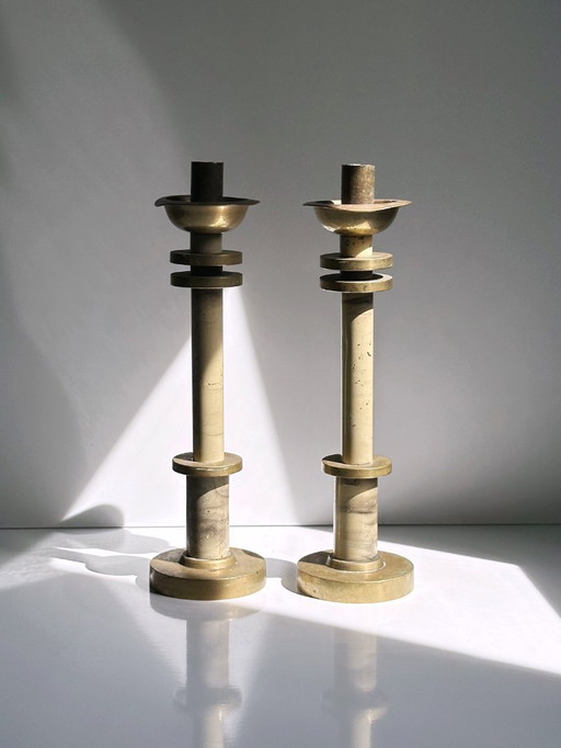 2 Italian Candlesticks Vintage 50s Metal Brass Enamel Column Candlesticks Pair Set Beige 1950 Rome