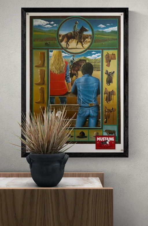 Vaqueros y chaquetas Mustang "Caballo" – c. década de 1980 – Póster original vintage A1 | 84,1 × 59,4 cm | Alemania