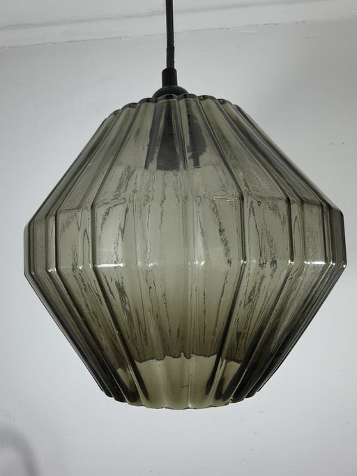 Lampada a sospensione retrò in vetro fumé a coste