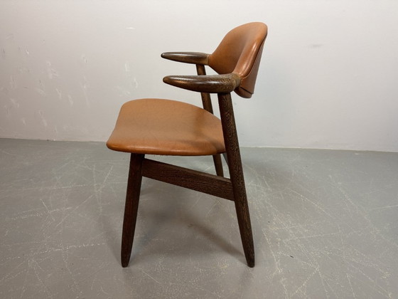 Image 1 of Mid-century Design Original Cognac Leatherette 'Cowhorn' Dining / Side Chair by Tijsseling for Hulmefa, The Netherlands 1970s. 