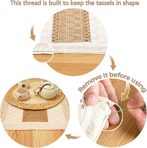 Zology Set of 6 hand-woven placemats in natural cotton hessian and woven water straw, macramé decoration e