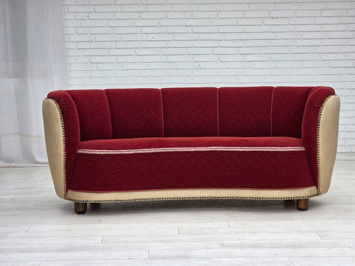 Canapé 2 places courbé danois des années 1960, tissu d'ameublement en laine rouge/beige.