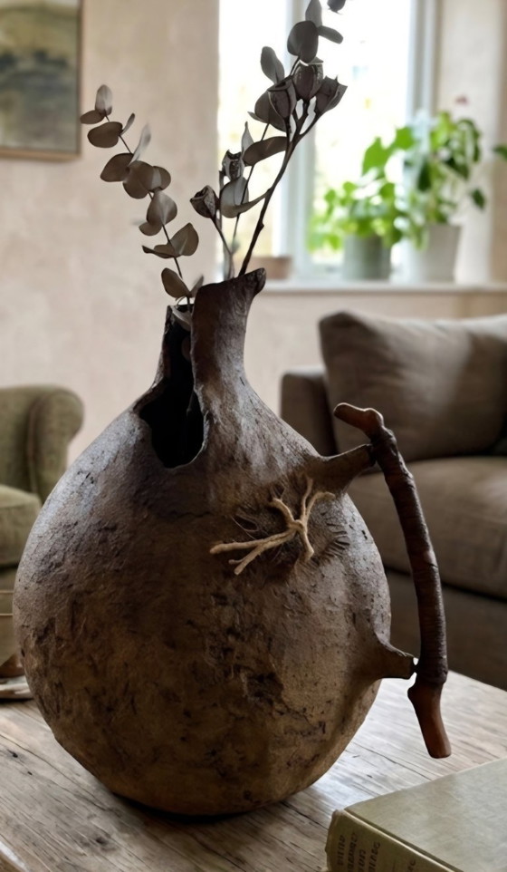 Image 1 of Large Wabi Sabi Paper Mache Vase with Wooden Handle | 43cm Handmade Sculptural Vessel | Rustic Organic Modern Home Decor