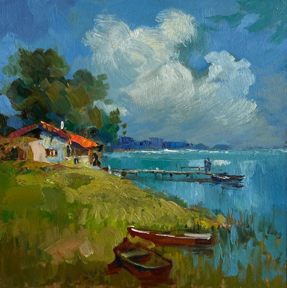 Image 1 of Original Oil Painting Coastal House Landscape House near the river