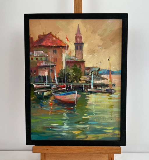 Original Oil Painting Evening City Landscape Venice port with sunset