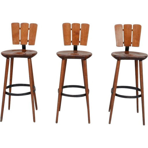 Ensemble de 3 tabourets de bar vintage en bois et en fer, Belgique 1970
