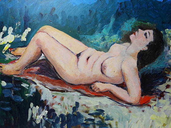 Image 1 of Small painting of a reclining nude woman, modern oil on vintage panel