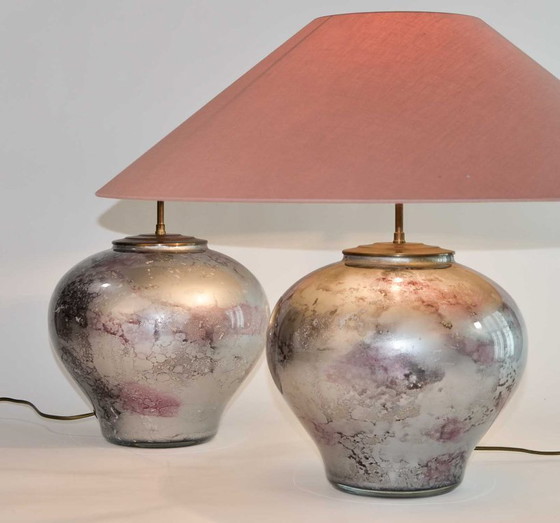 Image 1 of Pair of Mid-Century Design Lilac Silver French Handmade Crystal Glass Table Lamps by Laque Line, set of 2