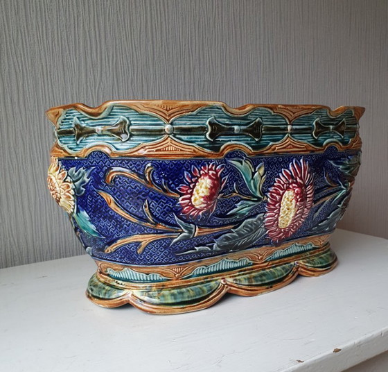 Belgian Majolica Jardinière, Faïencerie de Wasmuël (c.1900), Wasmuel, Plant pot, Ceramic, Multi Color (photo 4 of 13)