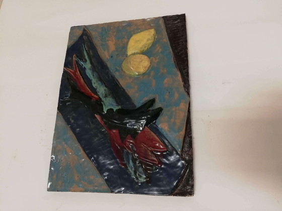 Image 1 of Enamelled terracotta plate, with fish and lemon