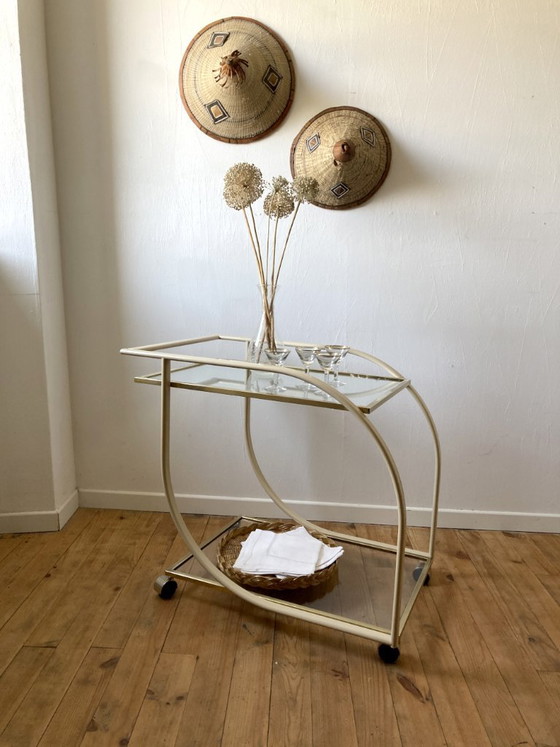 Vintage 1970s rolling serving cart in glass, cream metal and gold finish – Bar carts (photo 2 of 14)