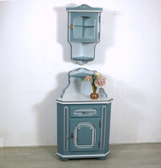 Old corner cupboard + hanging display cabinet set of 2 in sea foam blue country house