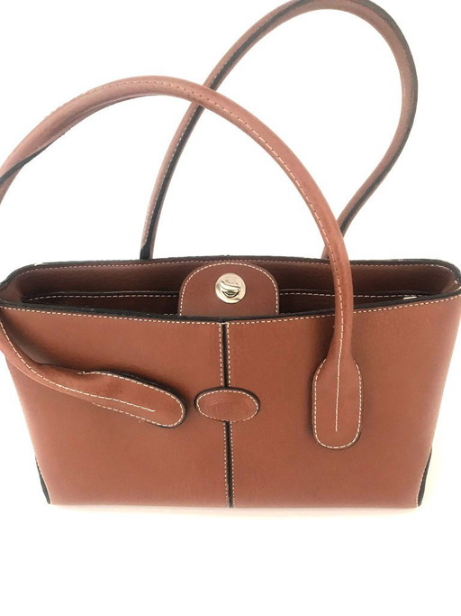 TOD'S Women's Bag Shoulder Bag Handbag Brown LEATHER White Decorative Stitching High Quality