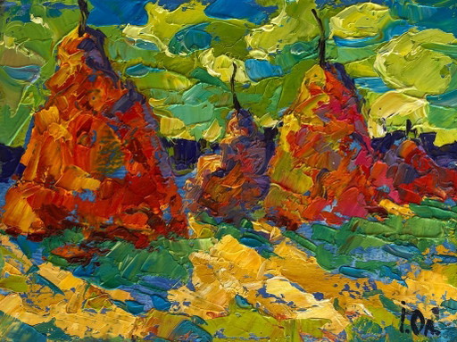 Origineel olieverfschilderij: Zomerlandschap met hooibergen in het veld.