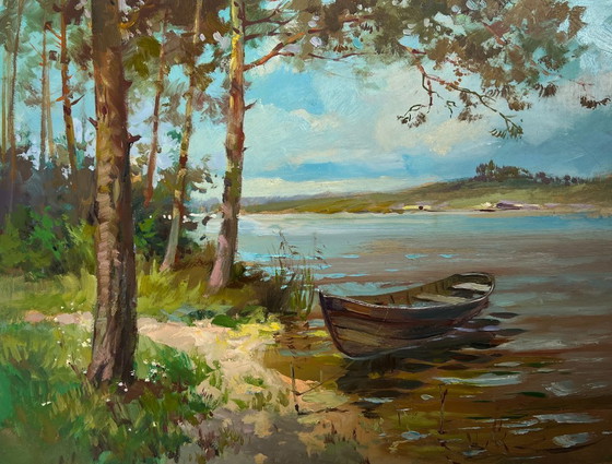 Image 1 of Pintura al óleo original Paisaje fluvial costero Río en los brazos del bosque