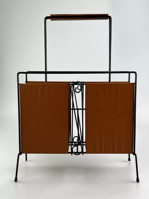 60s 70s newspaper holder newspaper rack metal teak Mid - Century Design