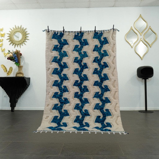 Berber Rug - 249 cm x 162 cm - White and Blue Wool