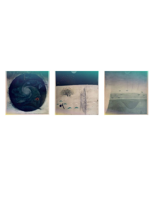 Triptyque rare - Gravures en couleurs signées à la main par Pavel Sukdolák (1925–2022) – kunst, Glass, Metal