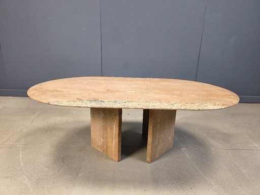 Table basse ovale vintage en travertin, années 1970