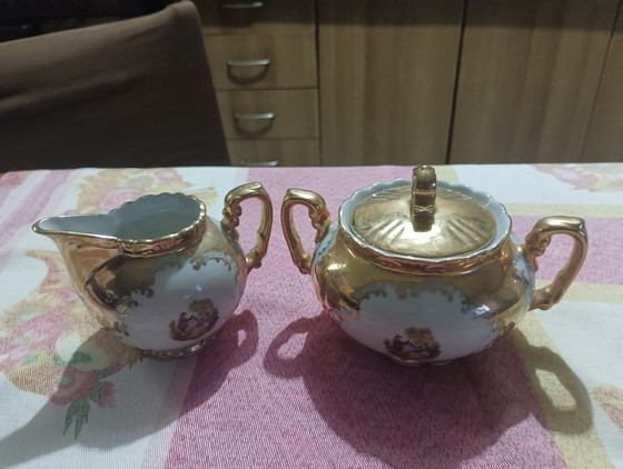 Image 1 of Vintage Bavaria Tea Service - 24K Gold Porcelain and Galanti Scenes, 15-Piece Set.