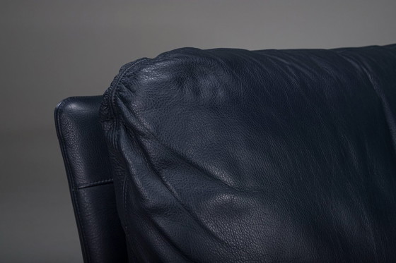 Image 1 of Danish Teak and Navy Blue Leather 2-Seater Sofa from Komfort, 1970s