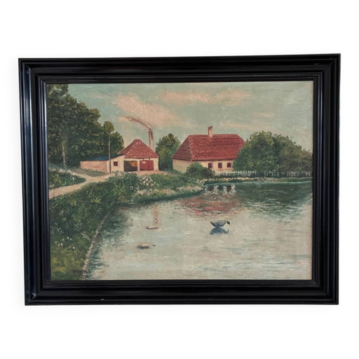 Peinture à l'huile originale vintage représentant un paysage, signée, œuvre d'art de ferme