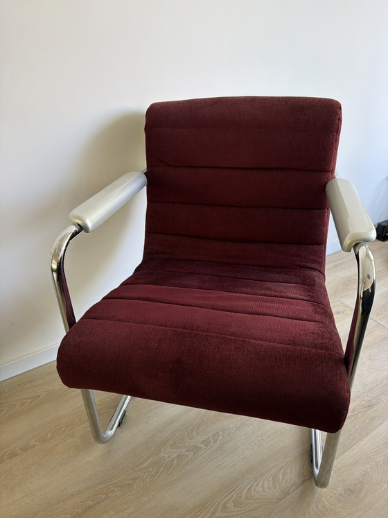 Image 1 of Vintage Machalke 'Crack' design fauteuil / armstoel – rode stof & chroom