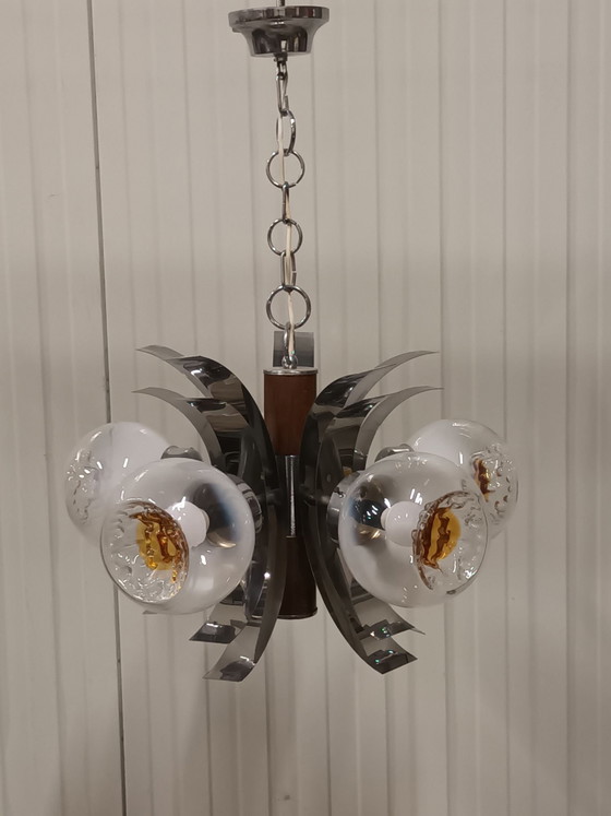 Space Age Chandelier, Murano Glass & Chrome, 70s, Mazzega, Metal, Silver (photo 14 of 15)