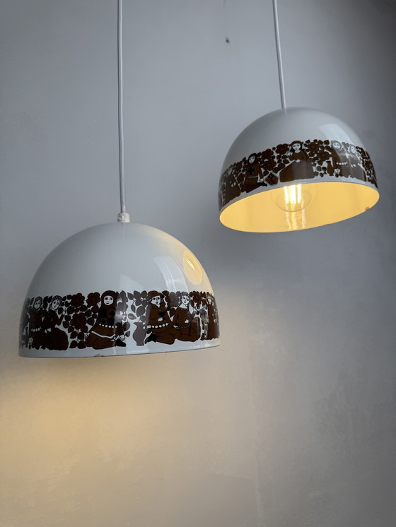 Image 1 of  Set of 2 Enamel Pendant Lamps by Kaj Franck for Fog & Mørup – “Tanssi” Folklore Design cm ⭐️ Designed by Kaj Franck for Fog & M
