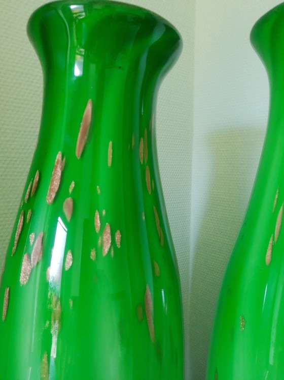Image 1 of Set hoge Murano handgeblazen glazen vazen siervazen decoratieve vazen sierobjecten in groen met goud, vintage 